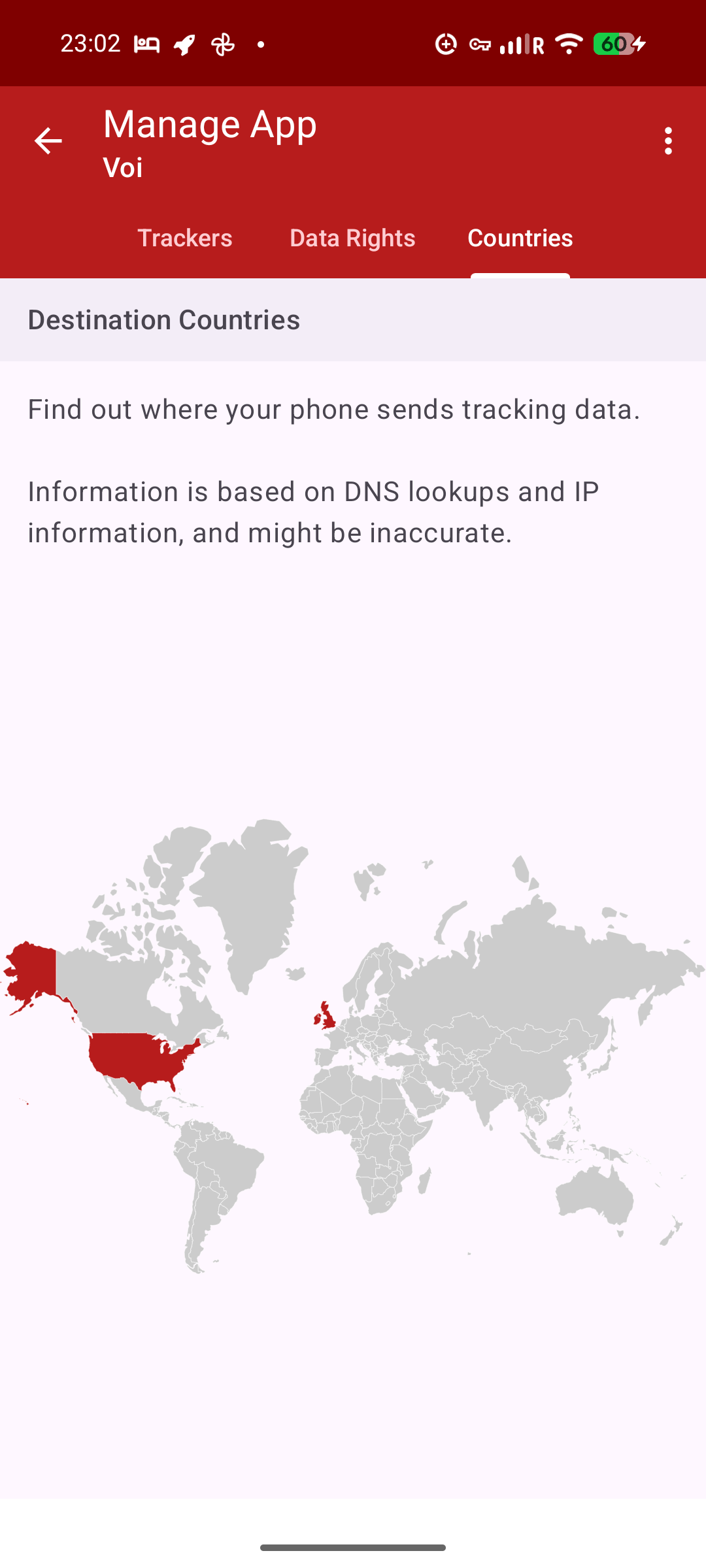 TrackerControl showing destination countries on a world map